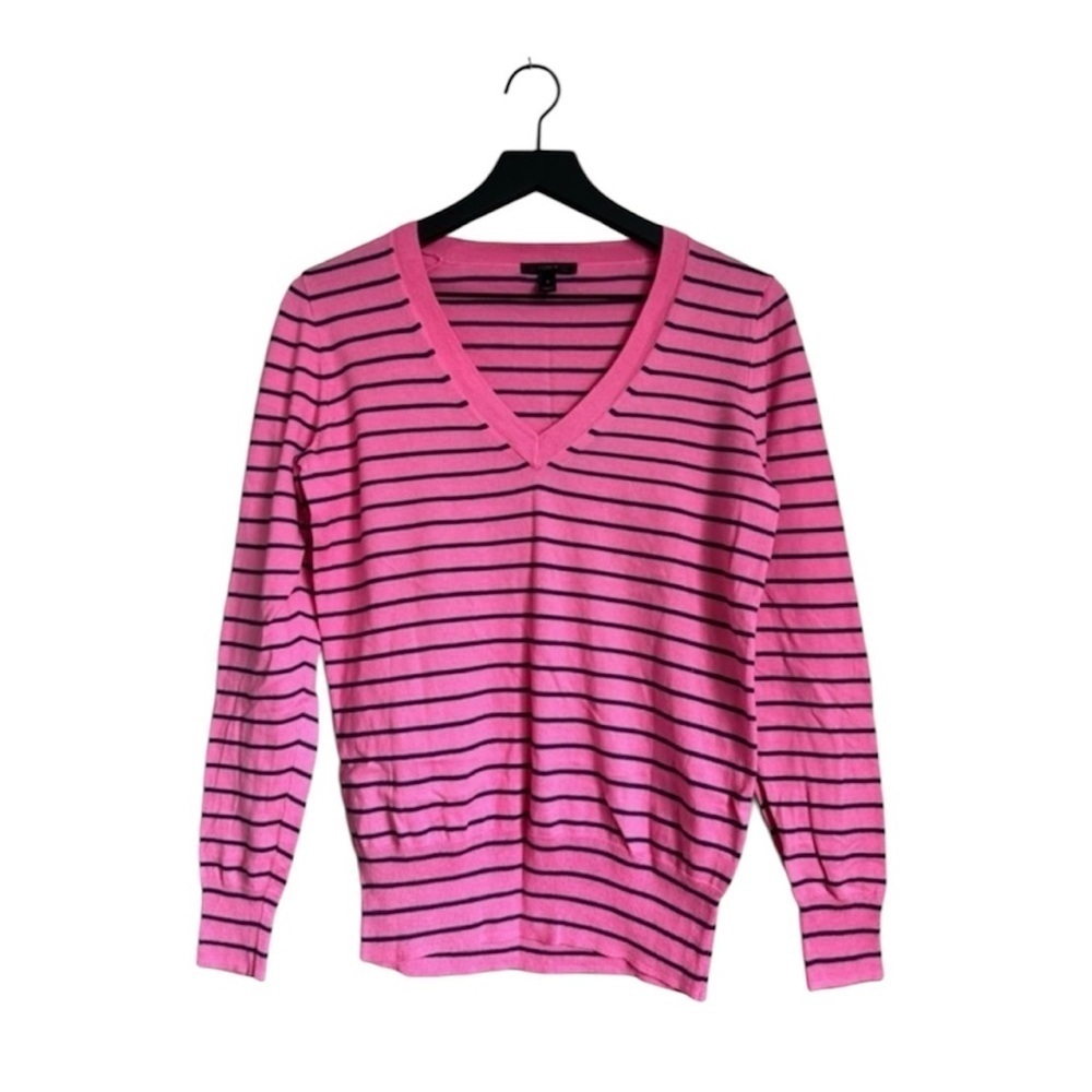 JCREW Pink & Blue Striped Cotton V-Neck Sweater